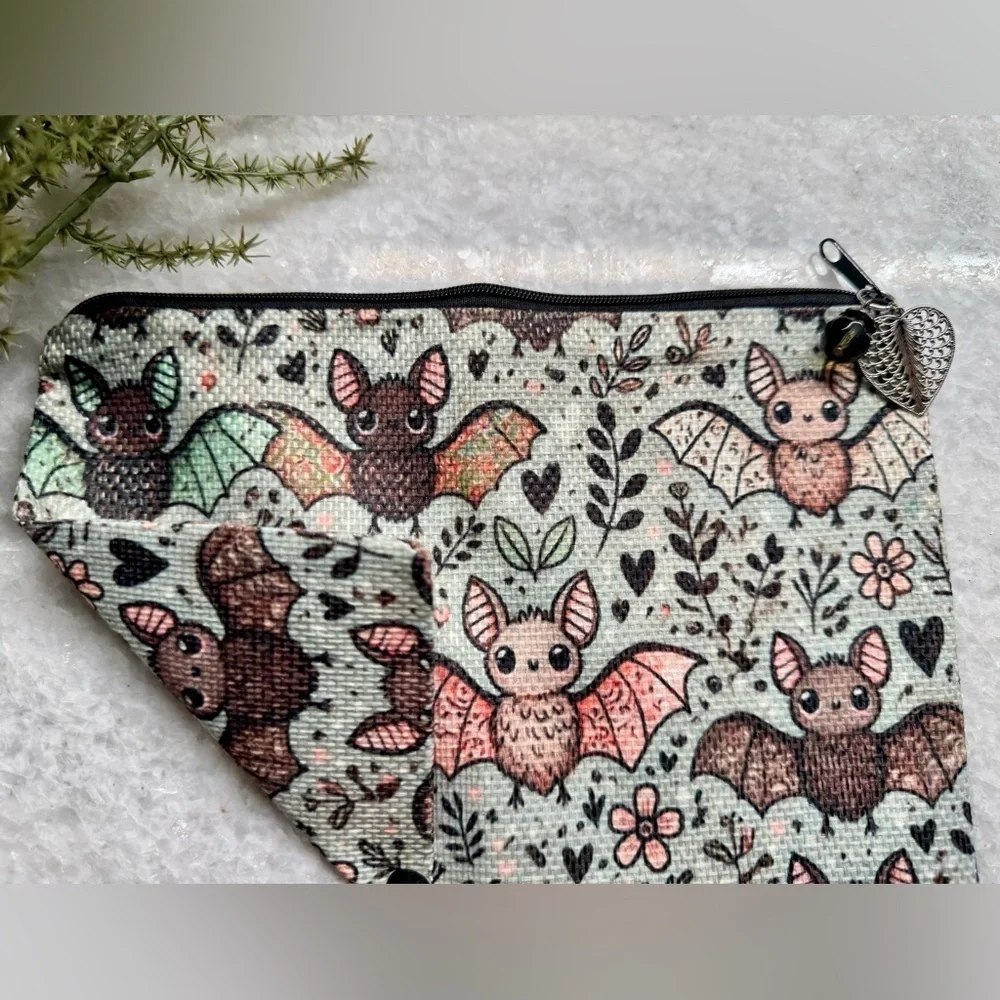New Halloween Bats Flowers Hearts Makeup Cosmetic Tech Pencil Bag w/ Charm 8.75